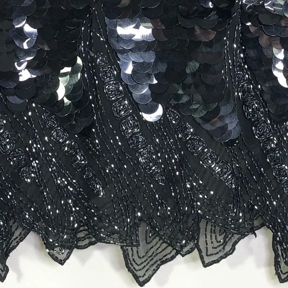 Vintage Nite Line Circle Paillettes Beading Black Blouse Tank Top Gatsby Party - Picture 8 of 8